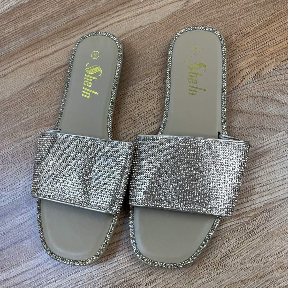 Shein Gold Rhinestone Women's Slides Sandals Size 9‎ NEW